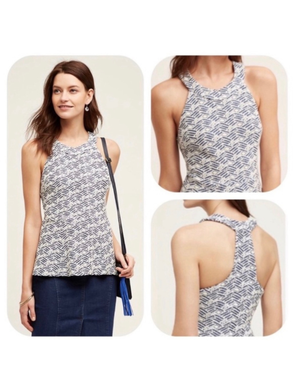 Anthropologie Deletta Tank Top Edana Size S Blue Ivory Textured Peplum Halter